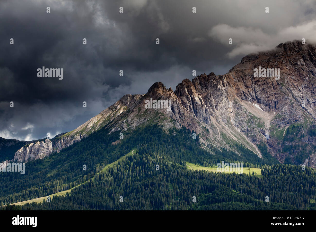 Mountain meadow with Latemar Mountain, stormy mood, Karerpass, Dolomiten, South Tyrol province, Trentino-Alto Adige, Italy Stock Photo