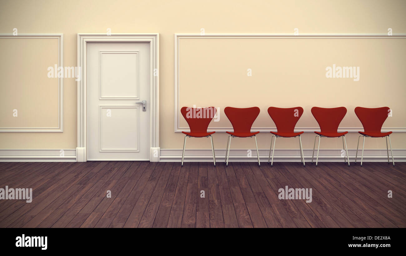 Room, waiting room, flat, apartment, with stucco and chairs in a row, 3D illustration Stock Photo