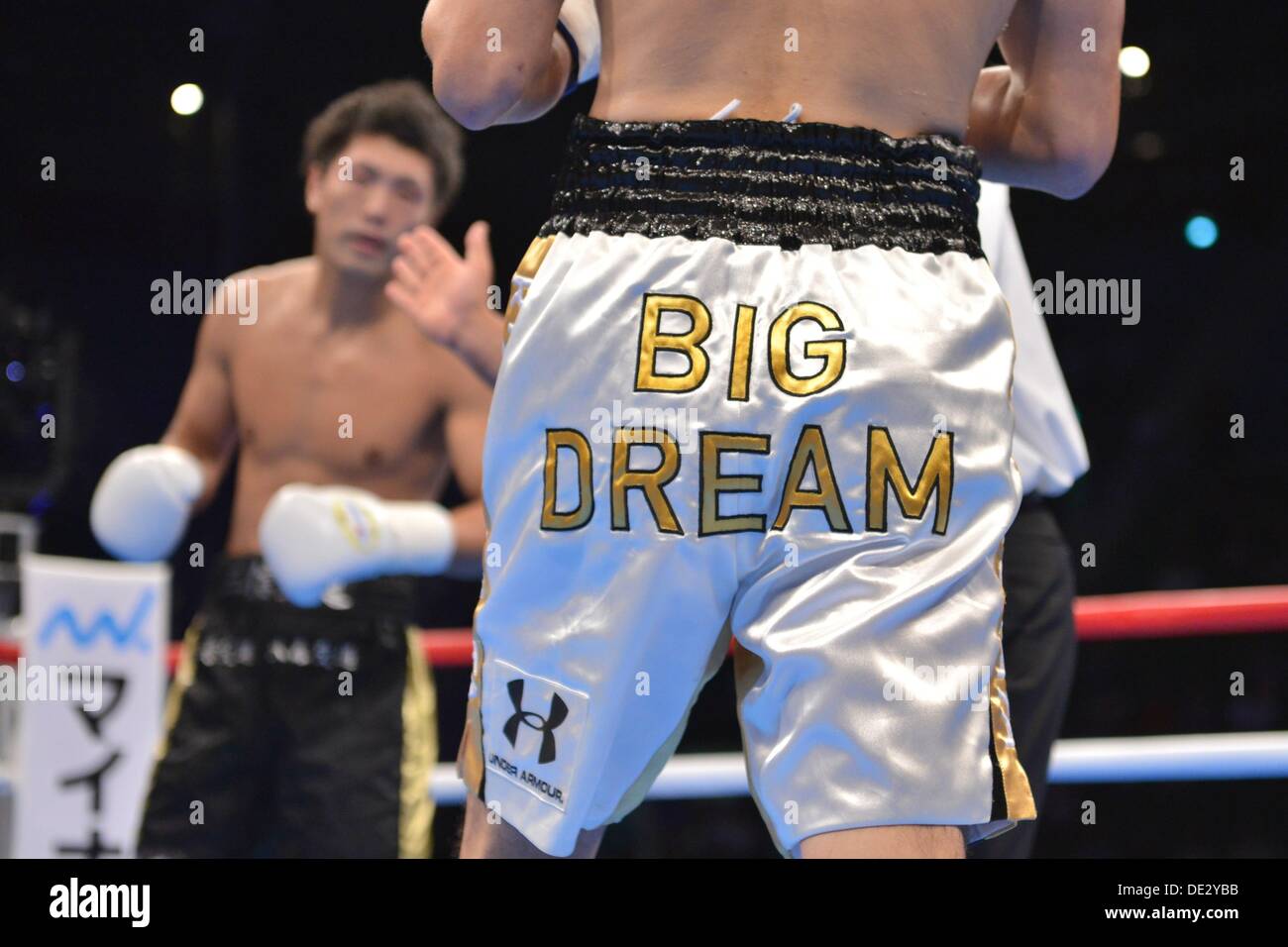 (R-L) Ryota Murata, Akio Shibata (JPN), AUGUST 25, 2013 - Boxing : The detail shot of Ryota Murata's boxing trunks during the first round of his pro debut's 6R 73.0kg weight bout at Ariake Colosseum in Tokyo, Japan. (Photo by Hiroaki Yamaguchi/AFLO) Stock Photo