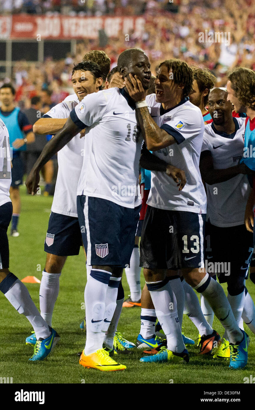 Columbus, Ohio, USA. 10th Sep, 2013. September 10, 2013: US Men's National Team forward Eddie Johnson (18) celebrates with US Men's National Team midfielder Jermaine Jones (13) after scoring the first goal of the match during the U.S. Men's National Team vs. Mexico National Team- World Cup Qualifier match at Columbus Crew Stadium - Columbus, OH. The United States Men's National Team defeated The Mexico National Team 2-0 and clinched a spot for the World Cup in Brazil. Credit:  csm/Alamy Live News Stock Photo