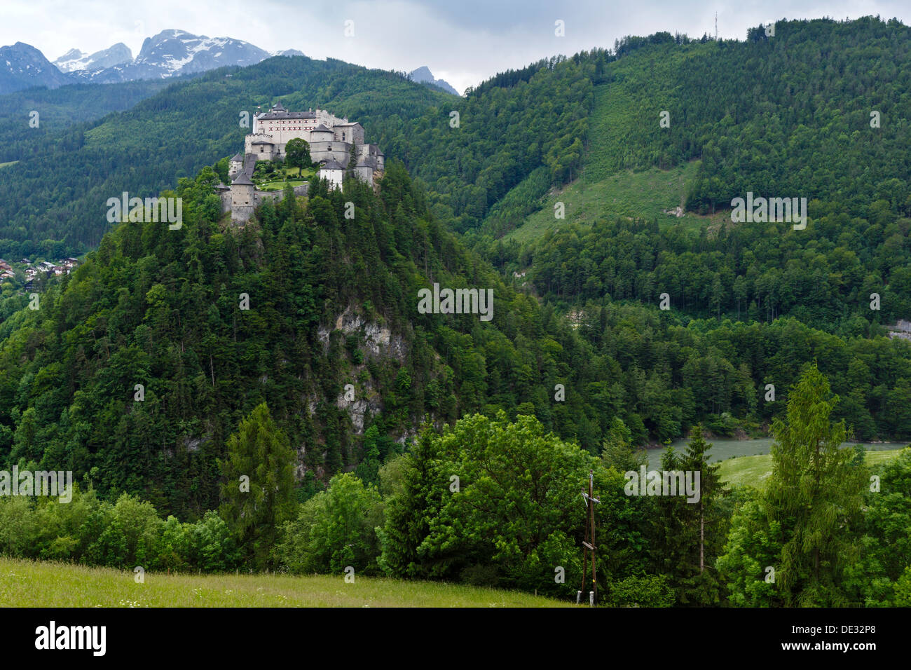 Alps mountain castle summer view (Austria, Hohenwerfen Castle, was built between 1075 and 1078) Stock Photo