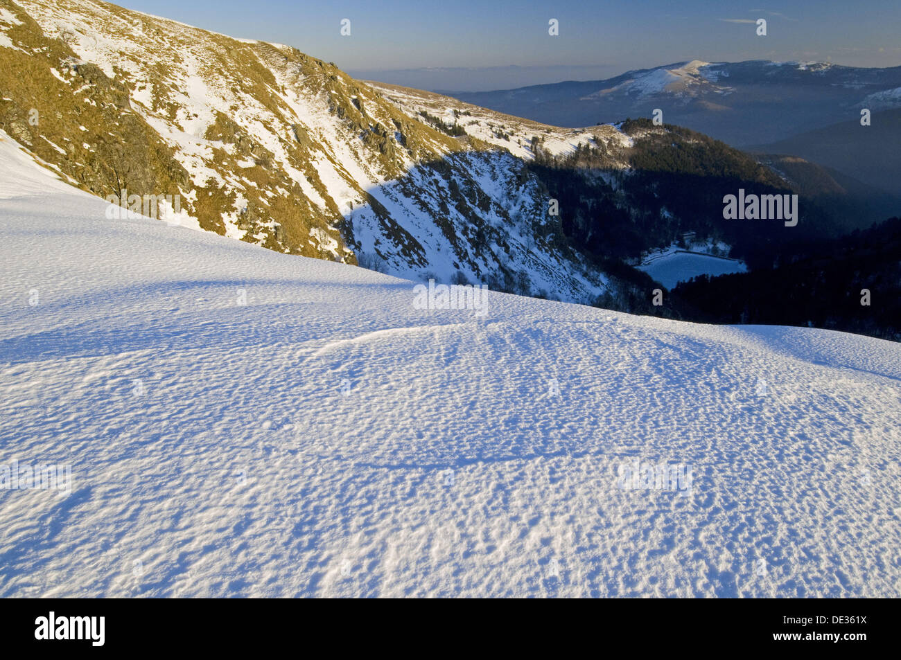 Hohneck, windswept ridge, iced snow, Vosges, lower mountain ranges, Alsace, France Stock Photo
