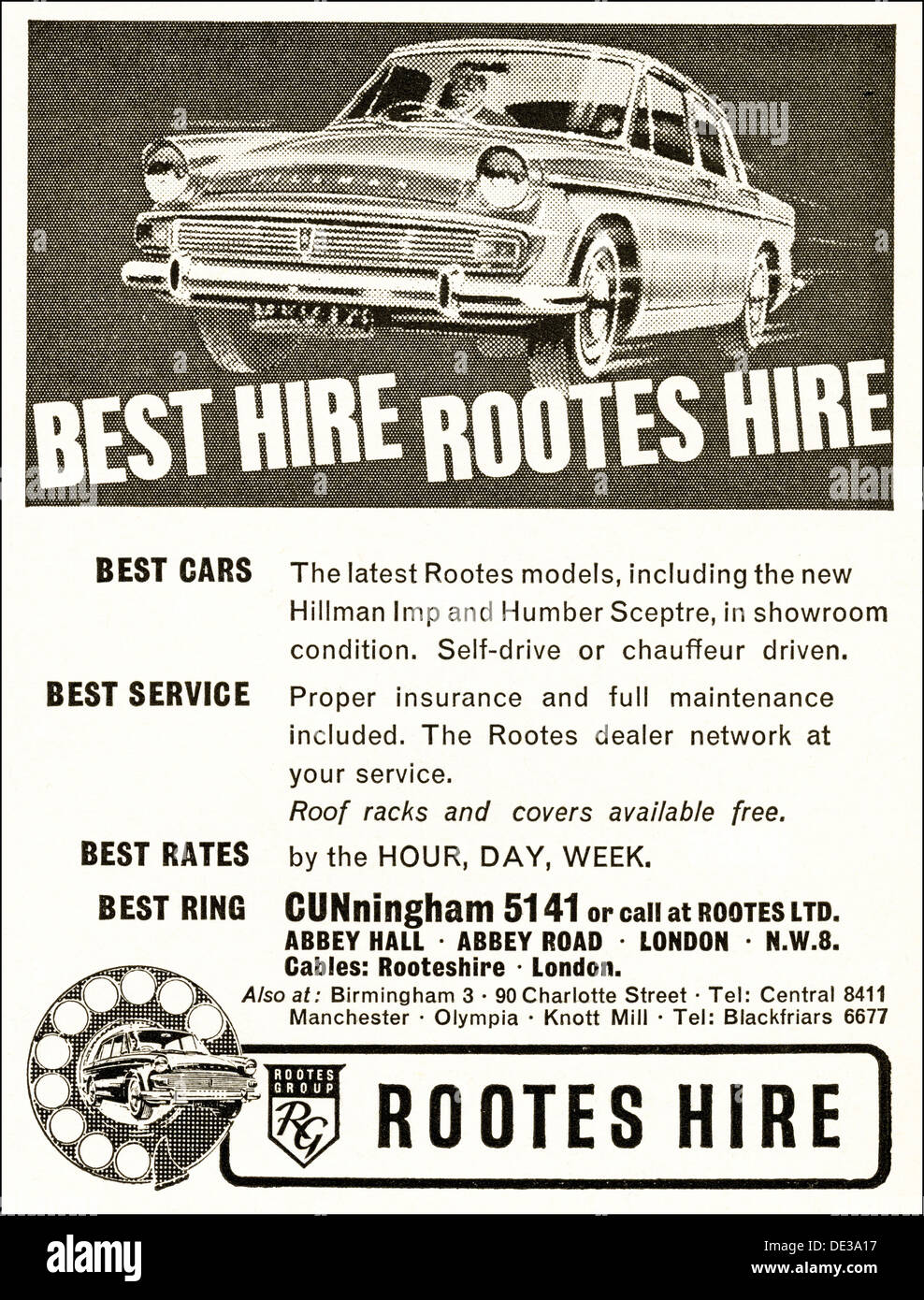 Advertisement for ROOTES HIRE car hire magazine advert circa 1964 Stock Photo