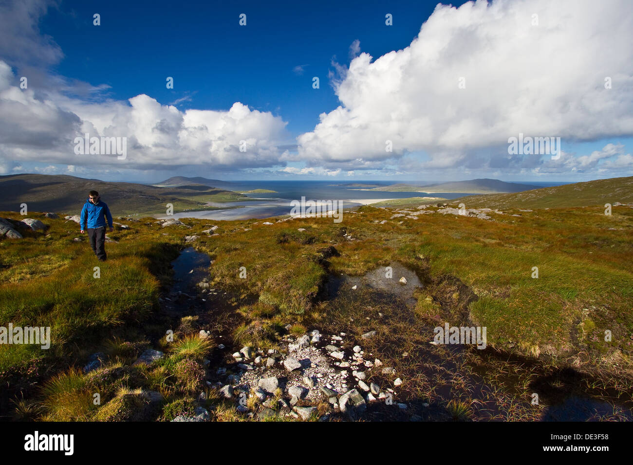 A walker on Beinn Dhubh, overlooking Luskentyre Beach, Isle of Harris. Stock Photo
