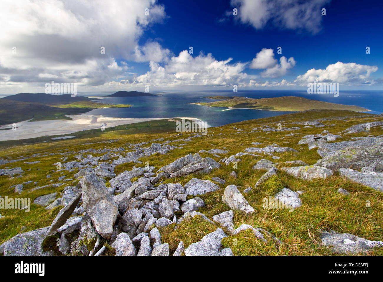 A view from the summit Beinn Dhubh over Luskentyre beach and the Isle of Taransay, on the Isle Harris, Scotland Stock Photo