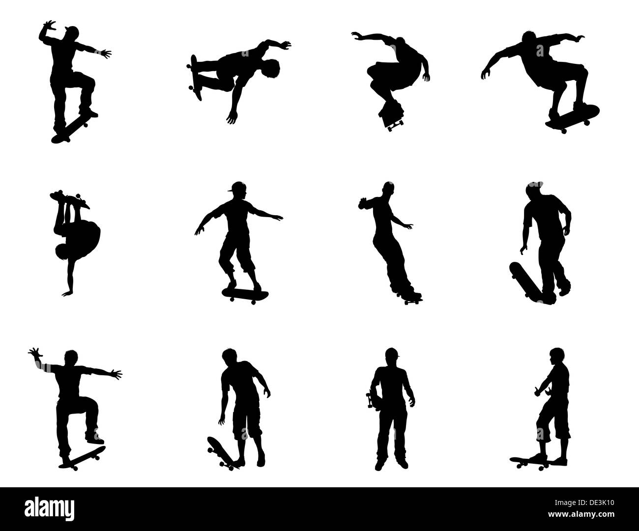 Skating skateboarder silhouette outlines. Skateboarders performing lots of tricks on their boards Stock Photo