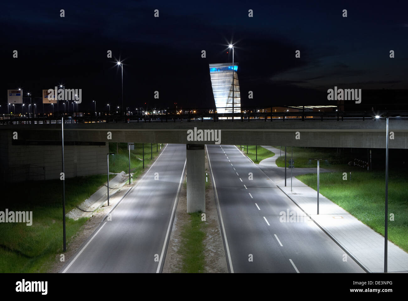 Schoenefeld, Germany, access road and Info Tower of Berlin Brandenburg Airport Stock Photo