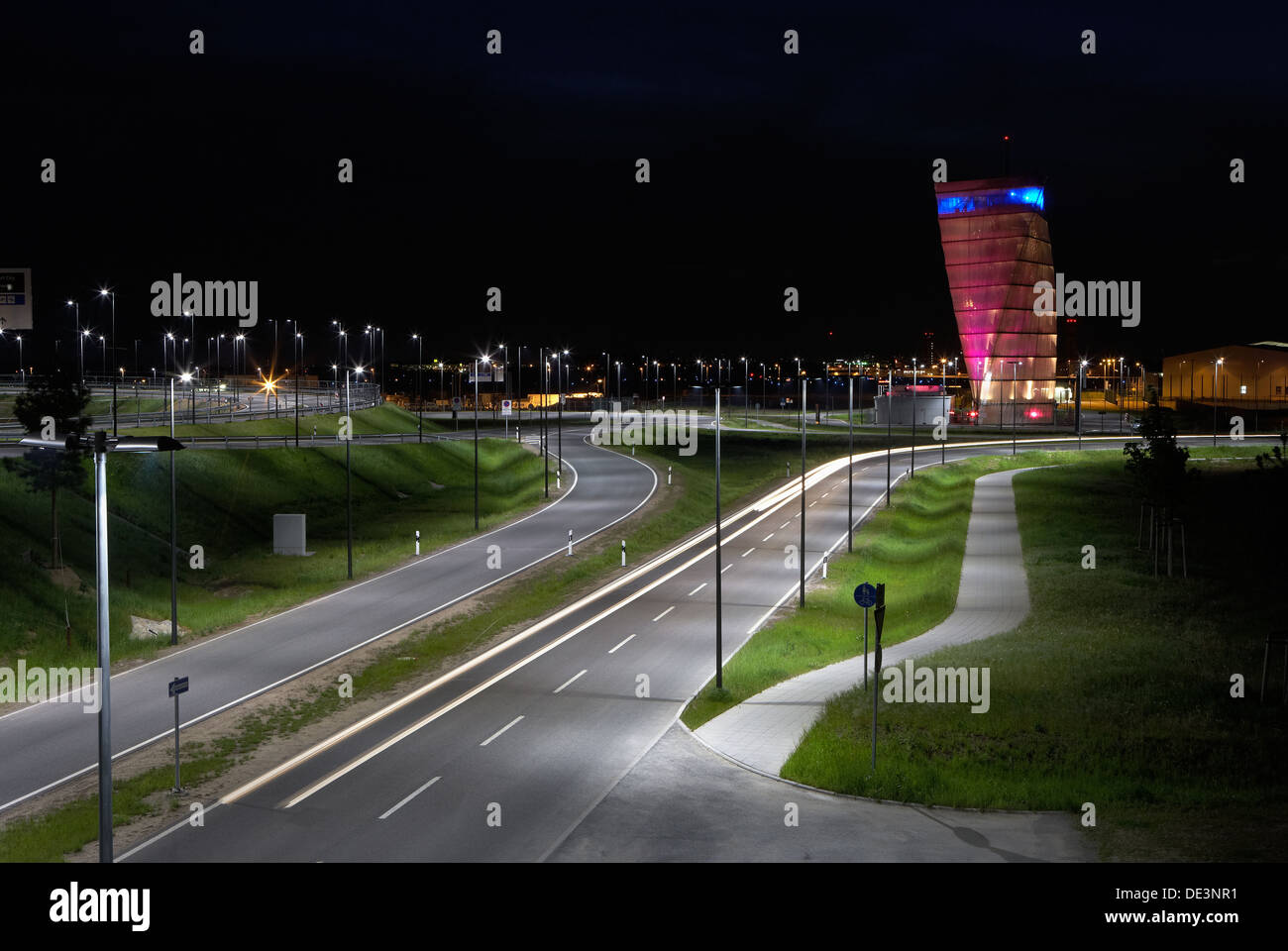 Schoenefeld, Germany, access road and Info Tower of Berlin Brandenburg Airport Stock Photo