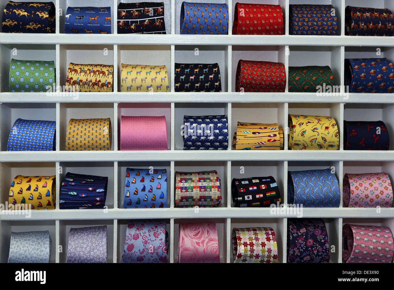 Ascot, UK, a shelf with ties in a fashion business Stock Photo