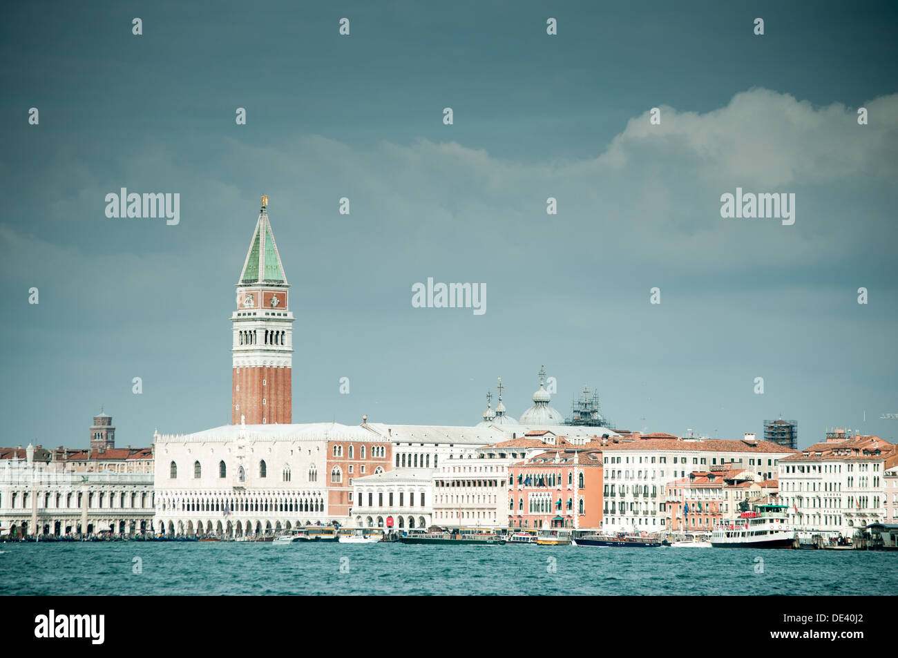 A view of Venice with St Mark Campanile from the laguna Stock Photo
