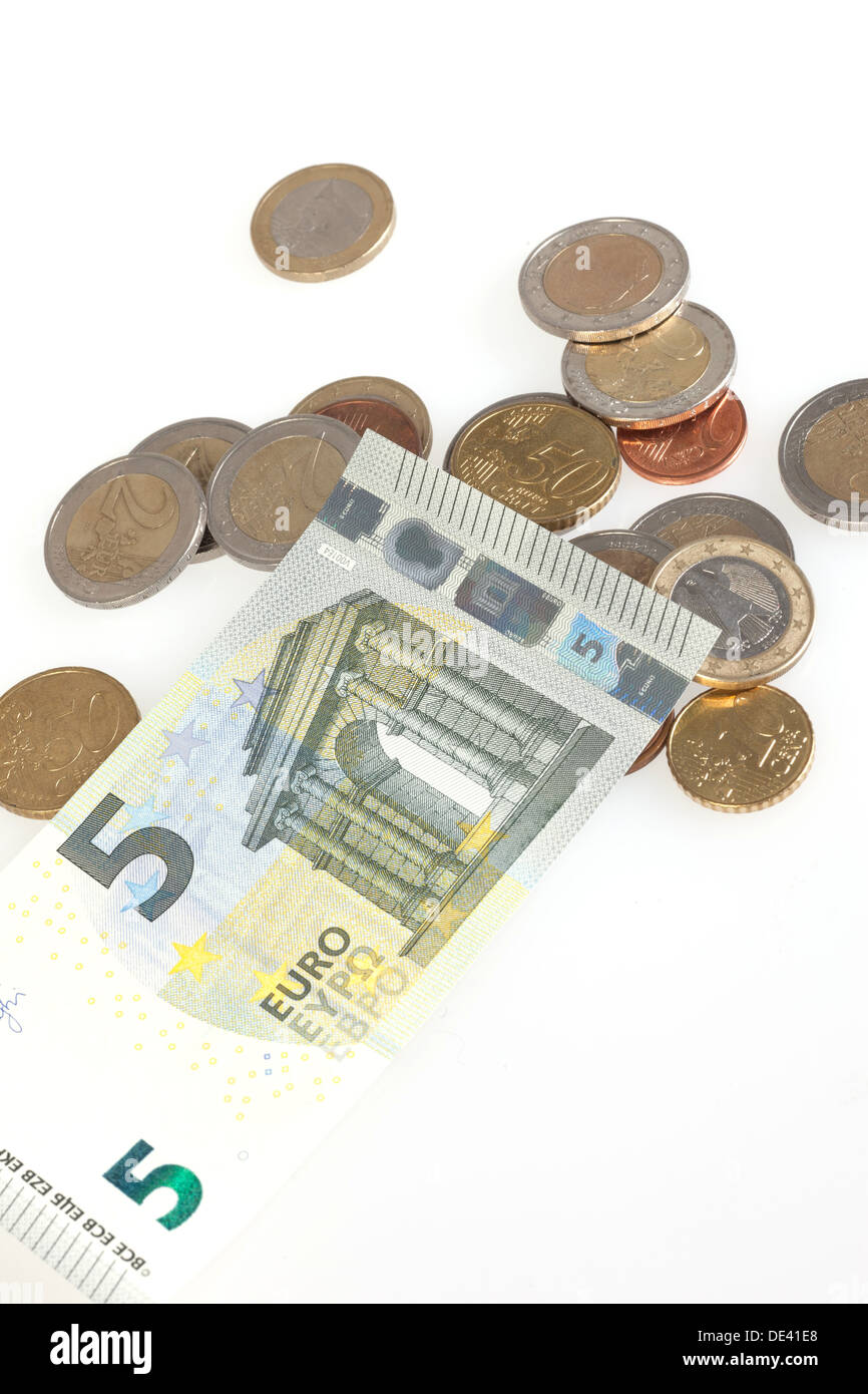 Berlin, Germany, 5 euro bill and Euromuenzen Stock Photo