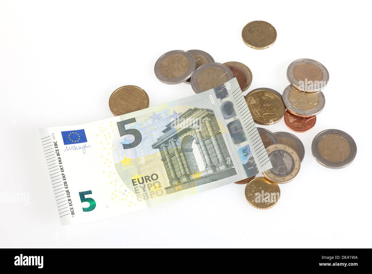 Berlin, Germany, 5 euro bill and Euromuenzen Stock Photo