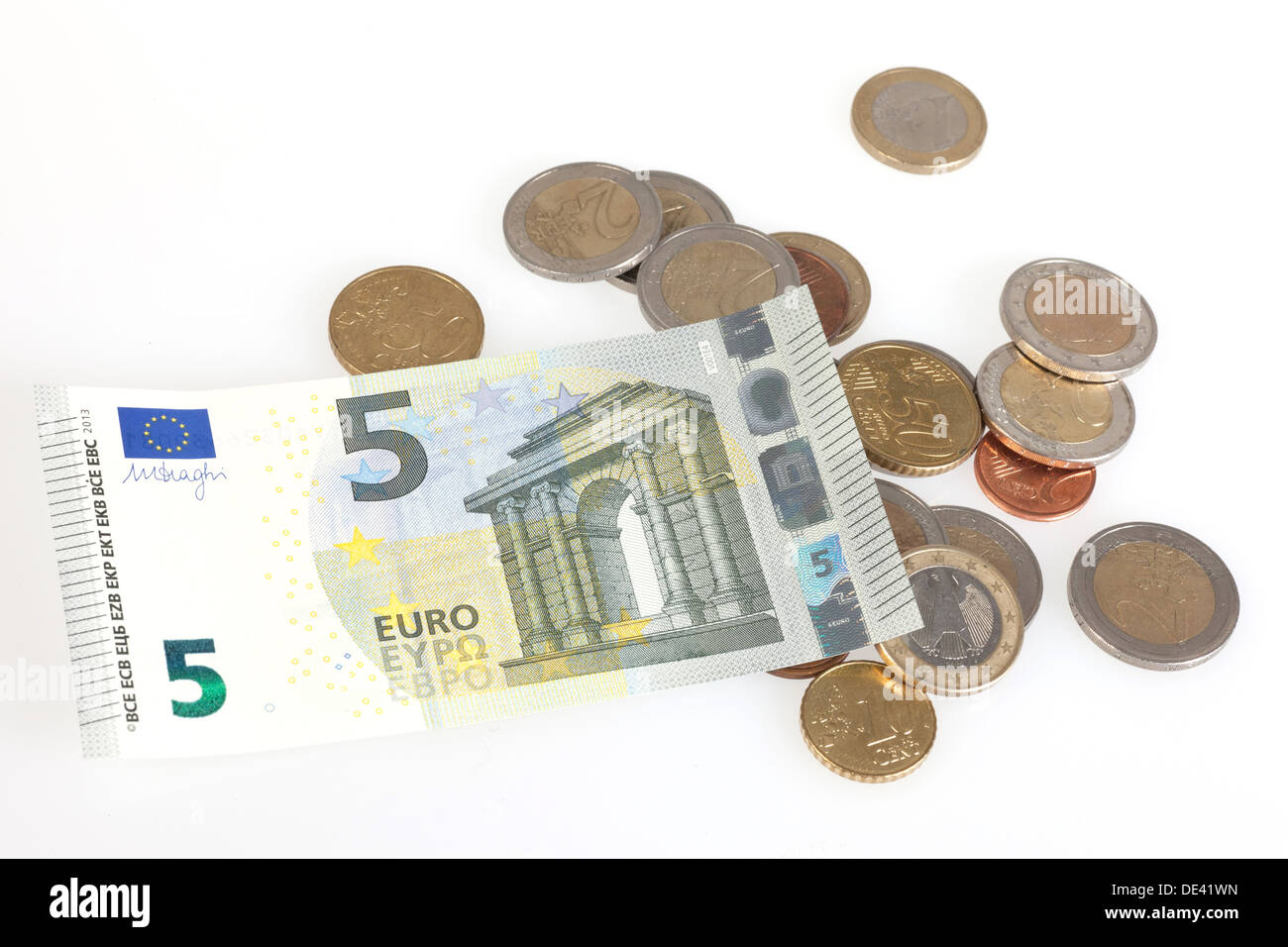 Berlin, Germany, 5 euro bill and Euromuenzen Stock Photo