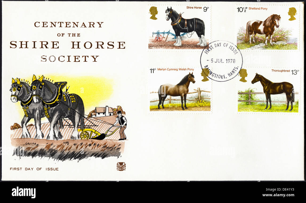 First Day Cover issue of postage stamps for Centenary of the Shire Horse Society 5th July 1978 Stock Photo