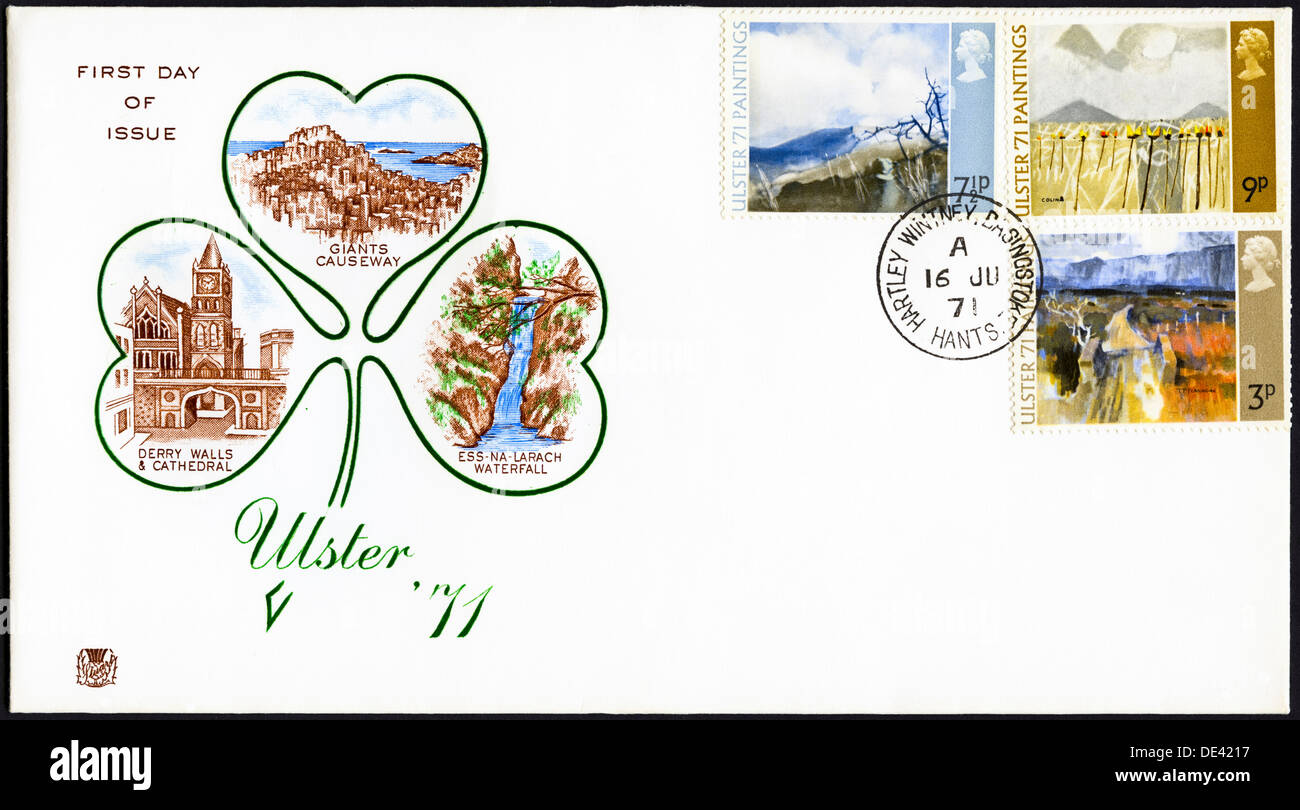 First Day Cover issue of postage stamps for Ulster '71 Paintings 16th July 1971 Stock Photo