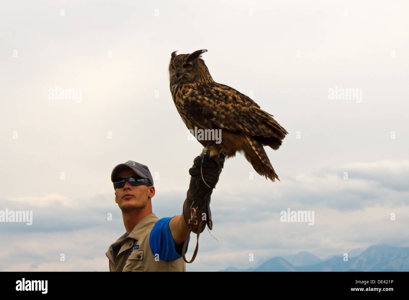 Villach, Austria, a Flakner with an eagle - owl in the arena of Landskron Stock Photo