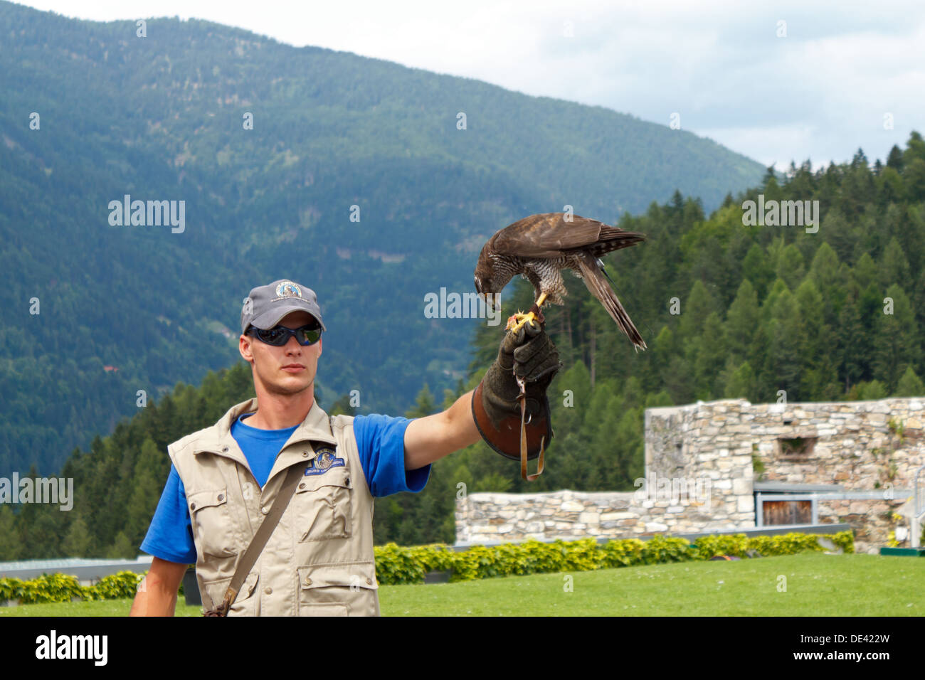 Villach, Austria, a Flakner with a hawk - eagle in the arena of Landskron Stock Photo