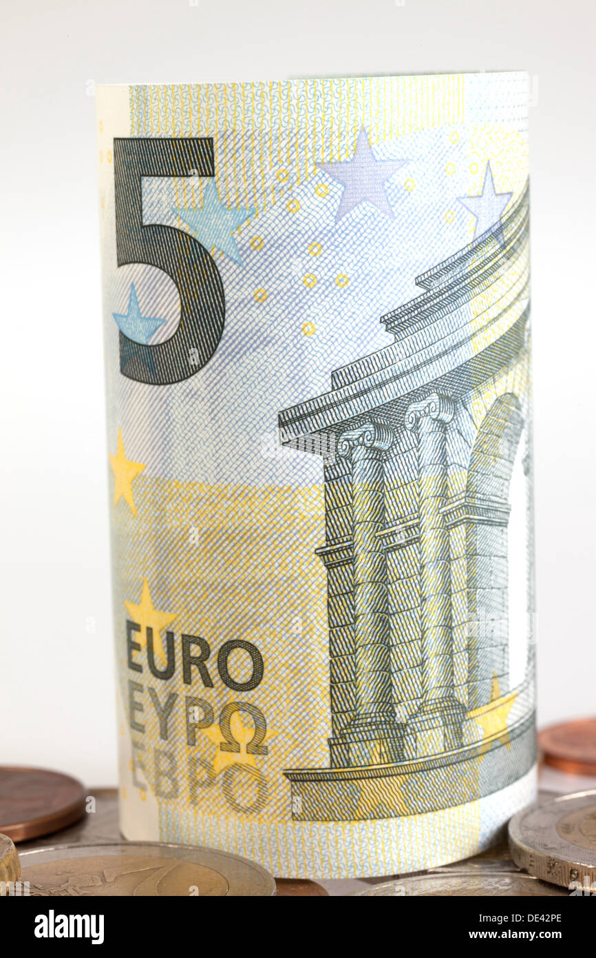 Berlin, Germany, 5 euro bill and Euromuenzen Stock Photo