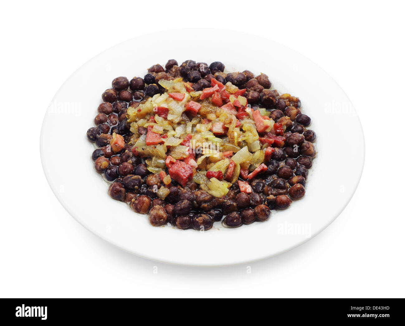 Gray peas with sausage, bacon and onion on white background Stock Photo