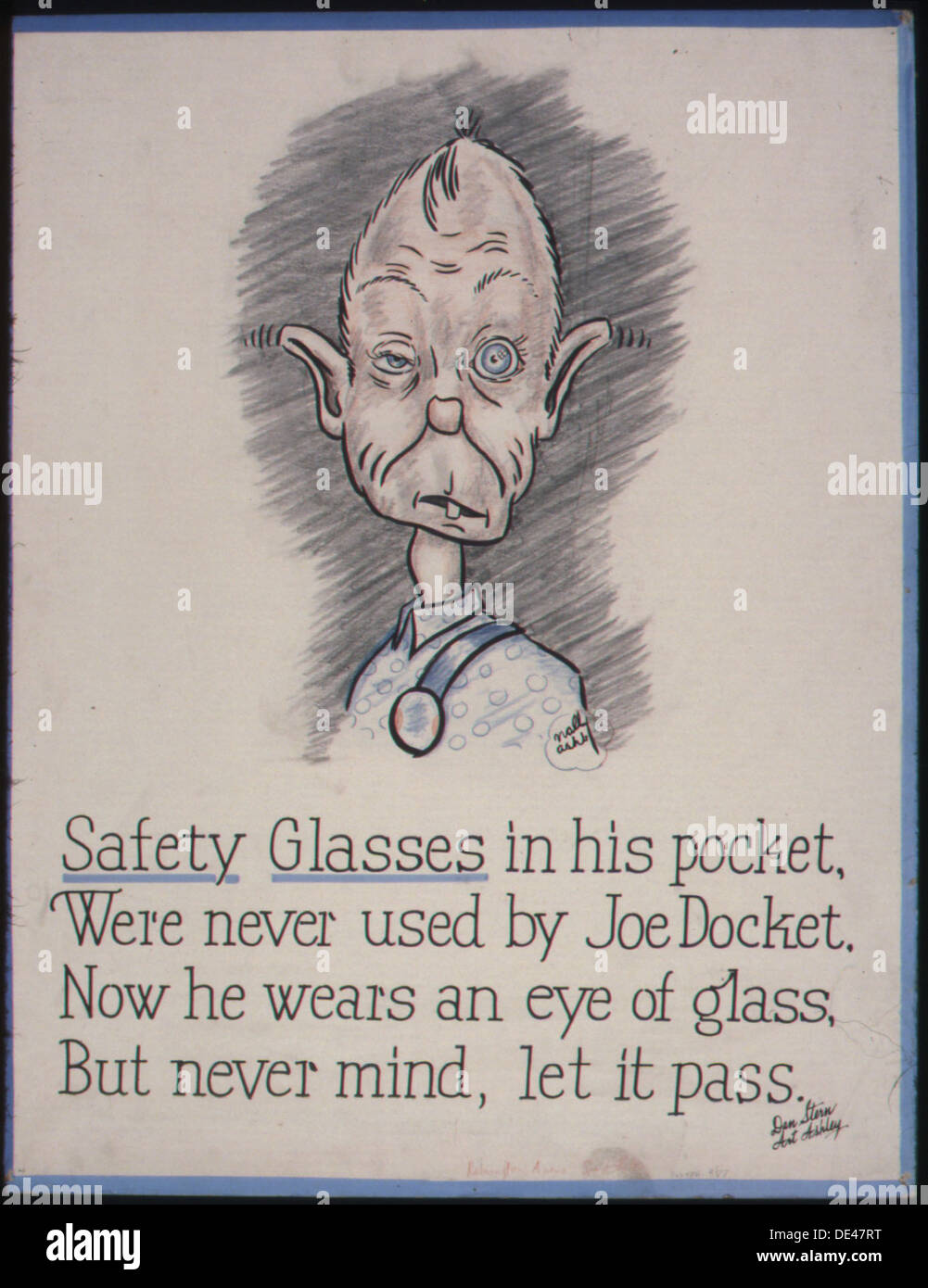This World War II poster conveys the importance of safety equipment, like glasses, to prevent injuries while working in hazardous conditions. The image humorously criticizes a worker's previous disregard for safety measures. Stock Photo