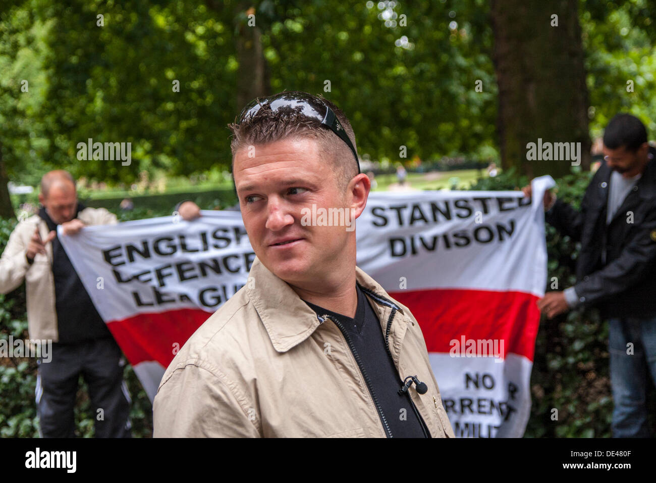 Grosvenor Square, London, UK. 11th Sep, 2013. English Defence League leader Tommy Robinson after laying flowers at the 9/11 memorial in Grosvenor Square, London on the anniversary of the terrorist attacks on America. Credit:  Paul Davey/Alamy Live News Stock Photo