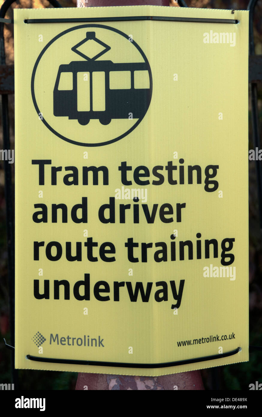 Metrolink tram testing and driver training sign, Manchester Road, Audenshaw, Tameside, Manchester, UK Stock Photo