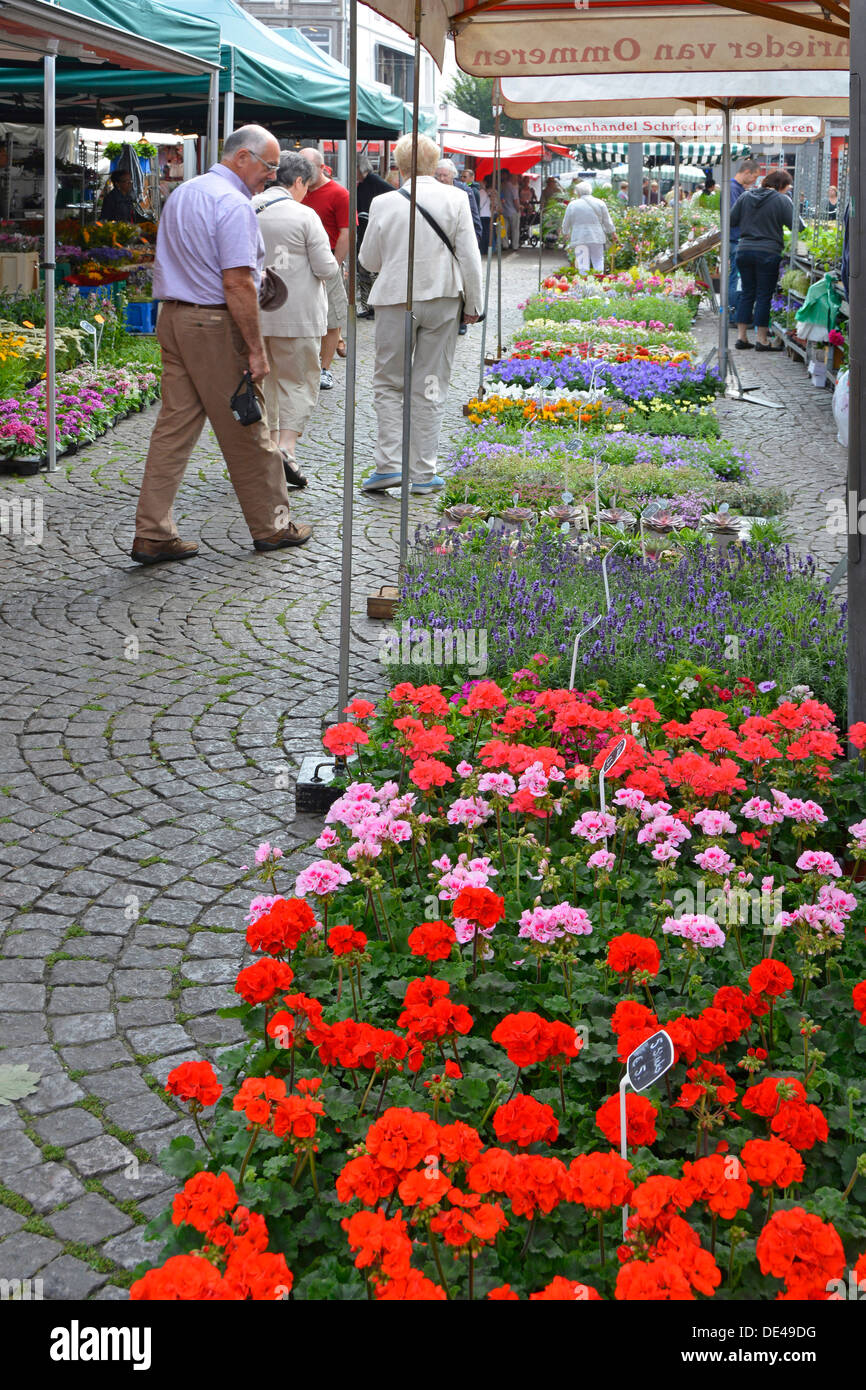 Maastricht flower market with shoppers (3 people nearest camera covered