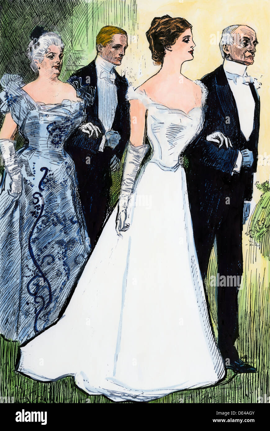 Debutante escorted by her father at her debut, circa 1900. Hand-colored woodcut of a Charles Dana Gibson illustration Stock Photo
