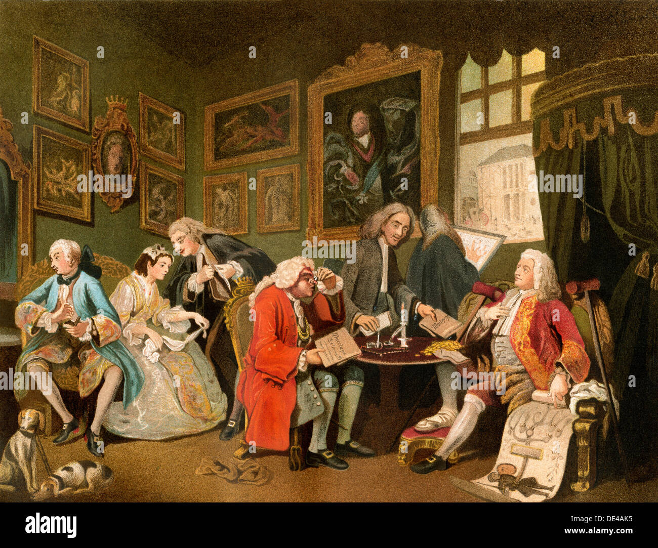 The Marriage Settlement, England, 1700s. Color lithograph of a Hogarth painting Stock Photo