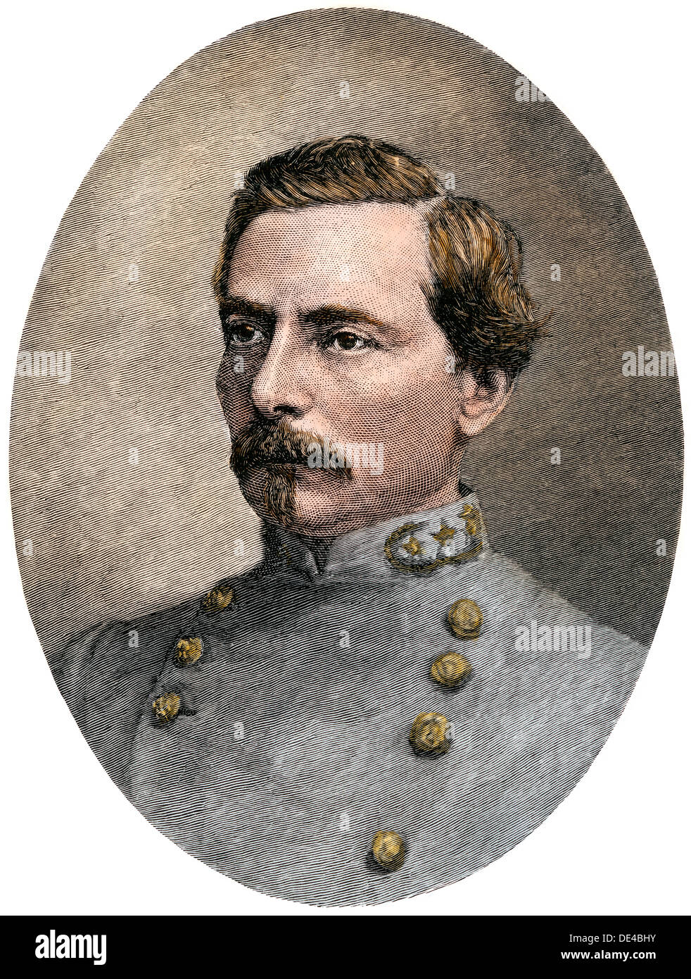 General P.G.T. Beauregard in his Confederate uniform, 1865. Hand-colored woodcut Stock Photo
