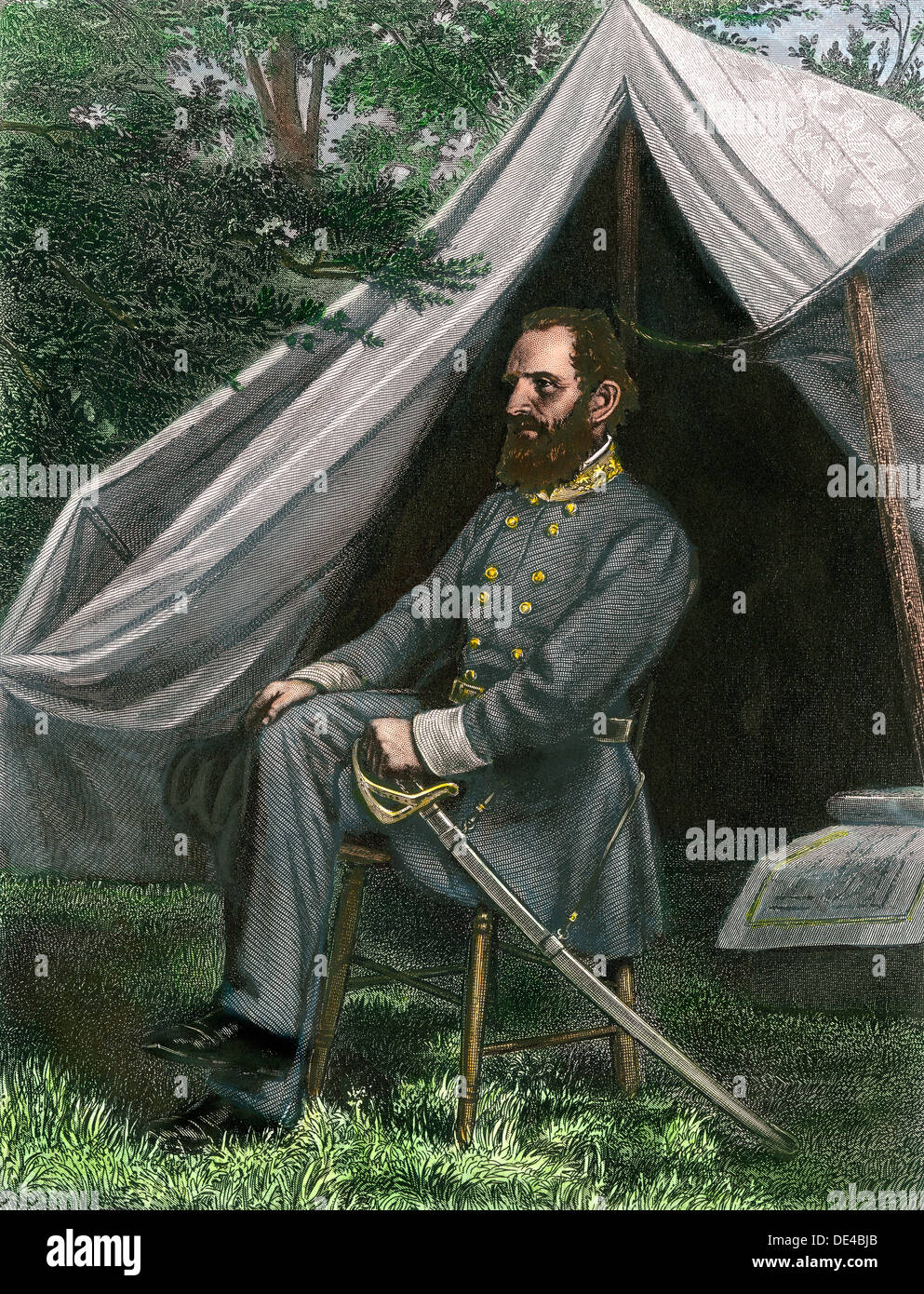 Confederate General Thomas J. (Stonewall) Jackson at his field headquarters, Civil War. Hand-colored steel engraving Stock Photo