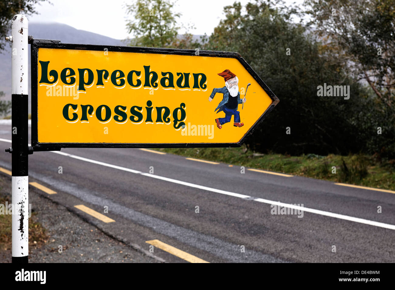 Irish Leprechaun road crossing sign Killarney National Park Stock Photo