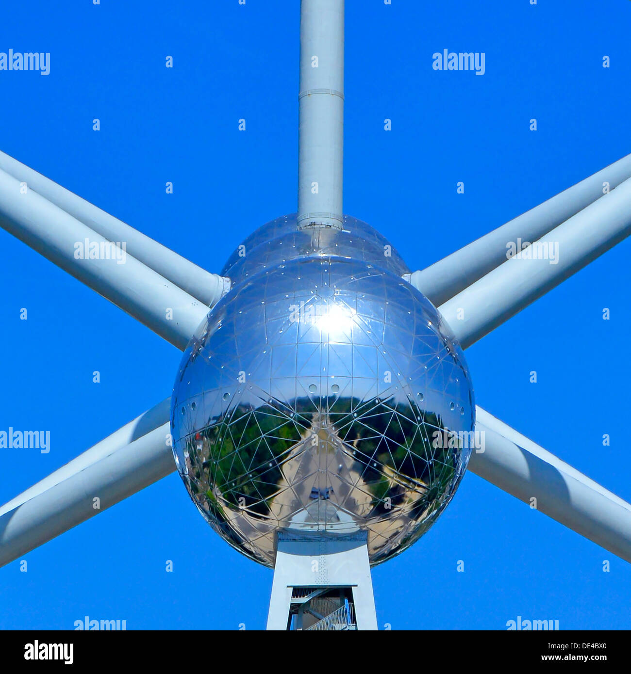 Abstract ball and rods formed from a close up of spheres on the Atomium monument at Brussels Belgium clad in stainless steel Stock Photo