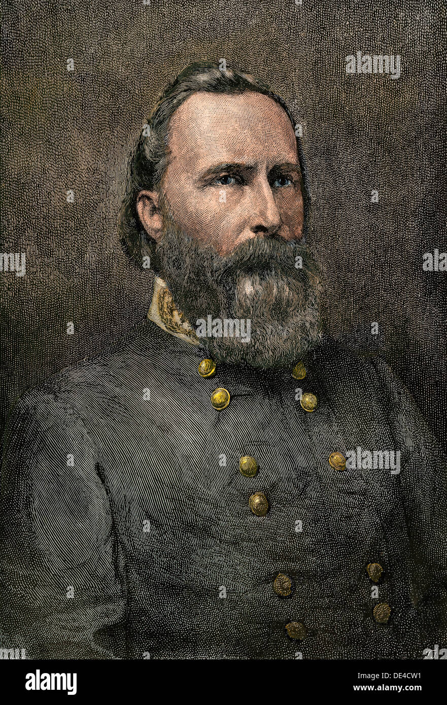 Confederate General James Longstreet. Hand-colored woodcut Stock Photo