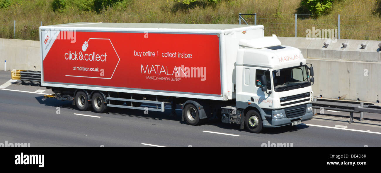 Matalan click & collect brand advertising fashion shopping side front view of supply chain delivery trailer behind DAF hgv lorry truck on UK motorway Stock Photo