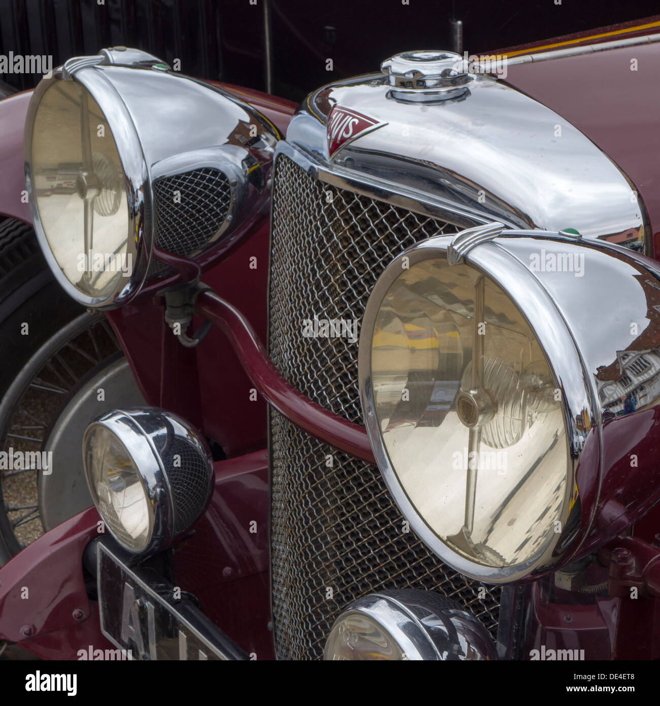 A closeup view of the lights on the front of an Alvis Speed 20 Tourer