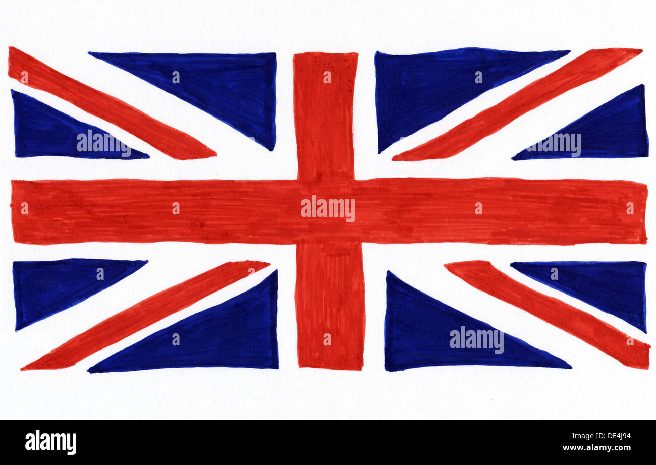 Union Jack flag of Great Britain drawn with felt tip pens on white paper. Stock Photo