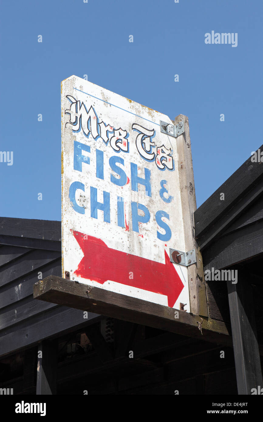Old fashioned sign advertising fish and chips, Southwold, Suffolk, UK Stock Photo