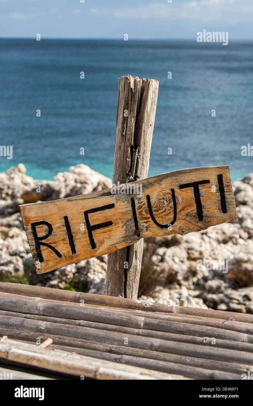 Wooden bin's cover with Italian 'Rifiuti' (garbage) label Stock Photo