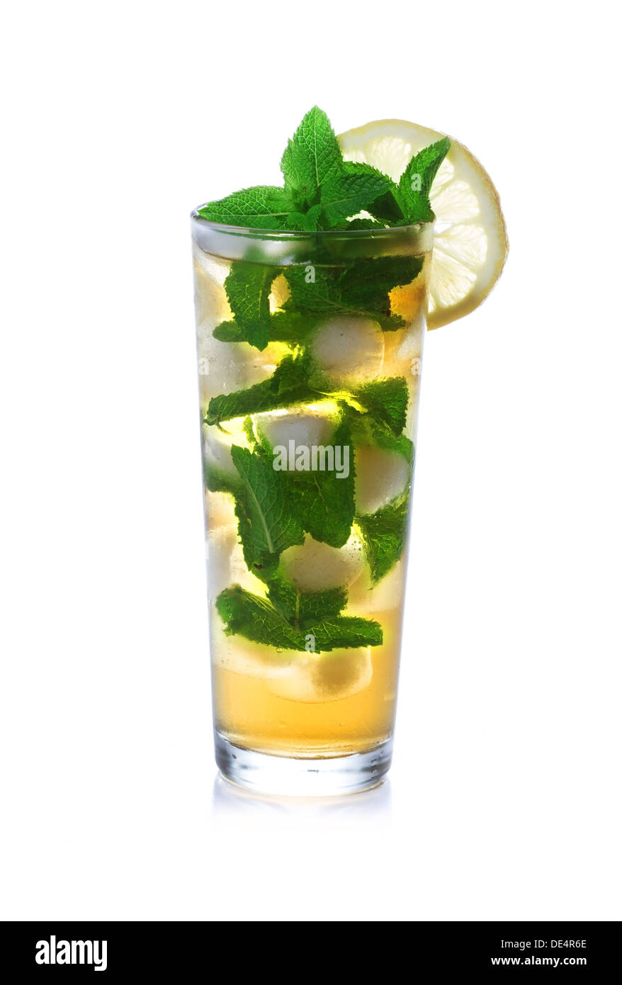 Glass of ice tea with sliced lemon and mint Stock Photo