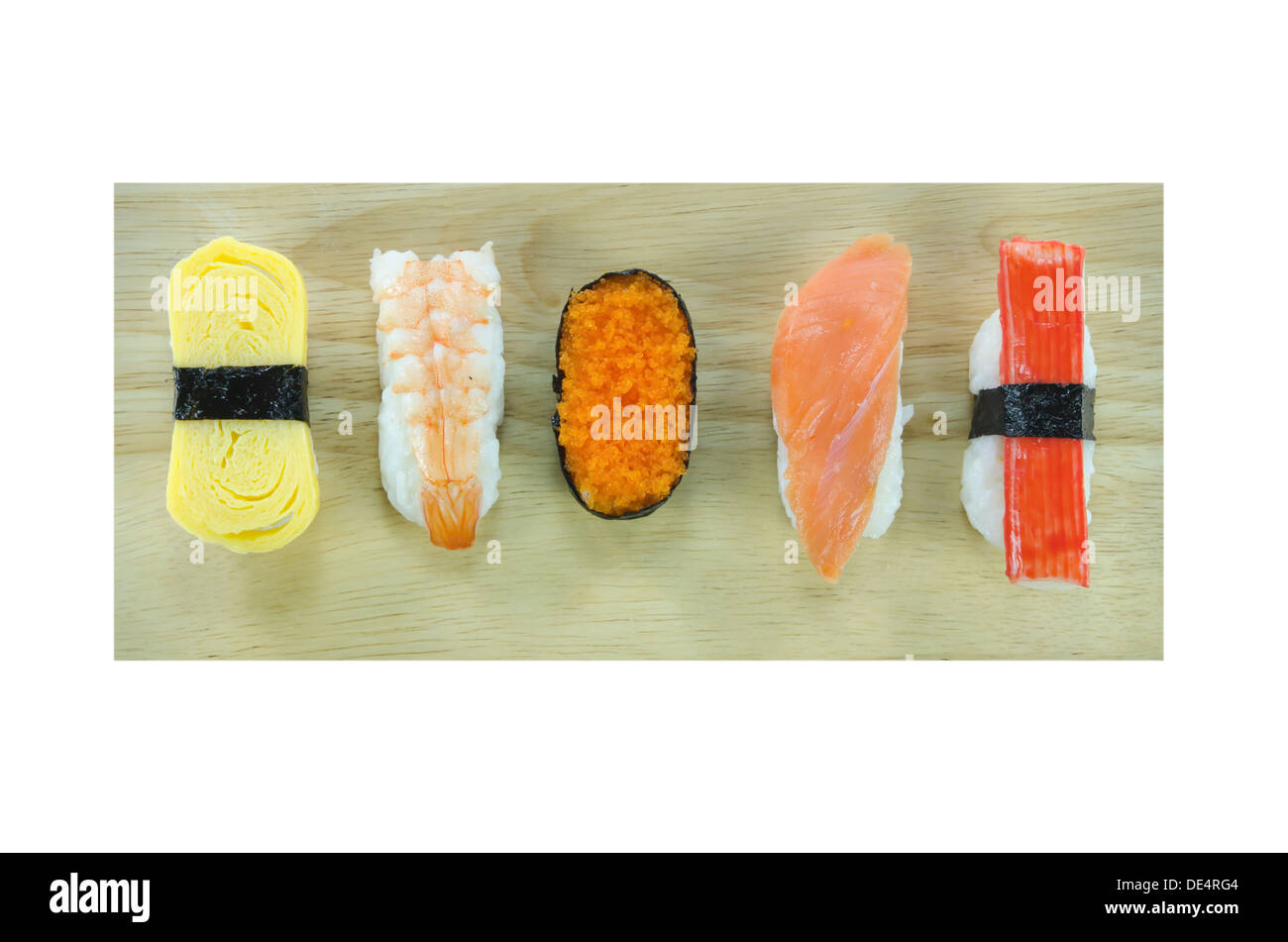 Japanese seafood sushi set , mix sushi rolls on wooden board Stock Photo