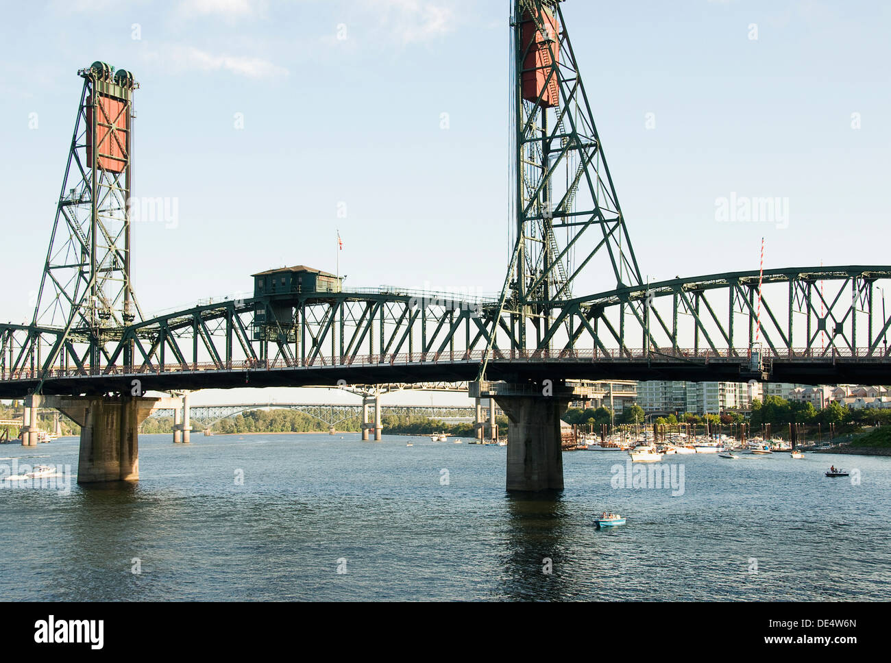 A photograph of the Hawthorne Bridge, the oldest vertical lift bridge