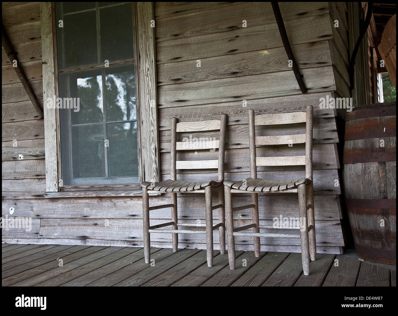 Chairs on the front porch at Chairs at Fort Christmas, Christmas, FL - May, 2010 Stock Photo