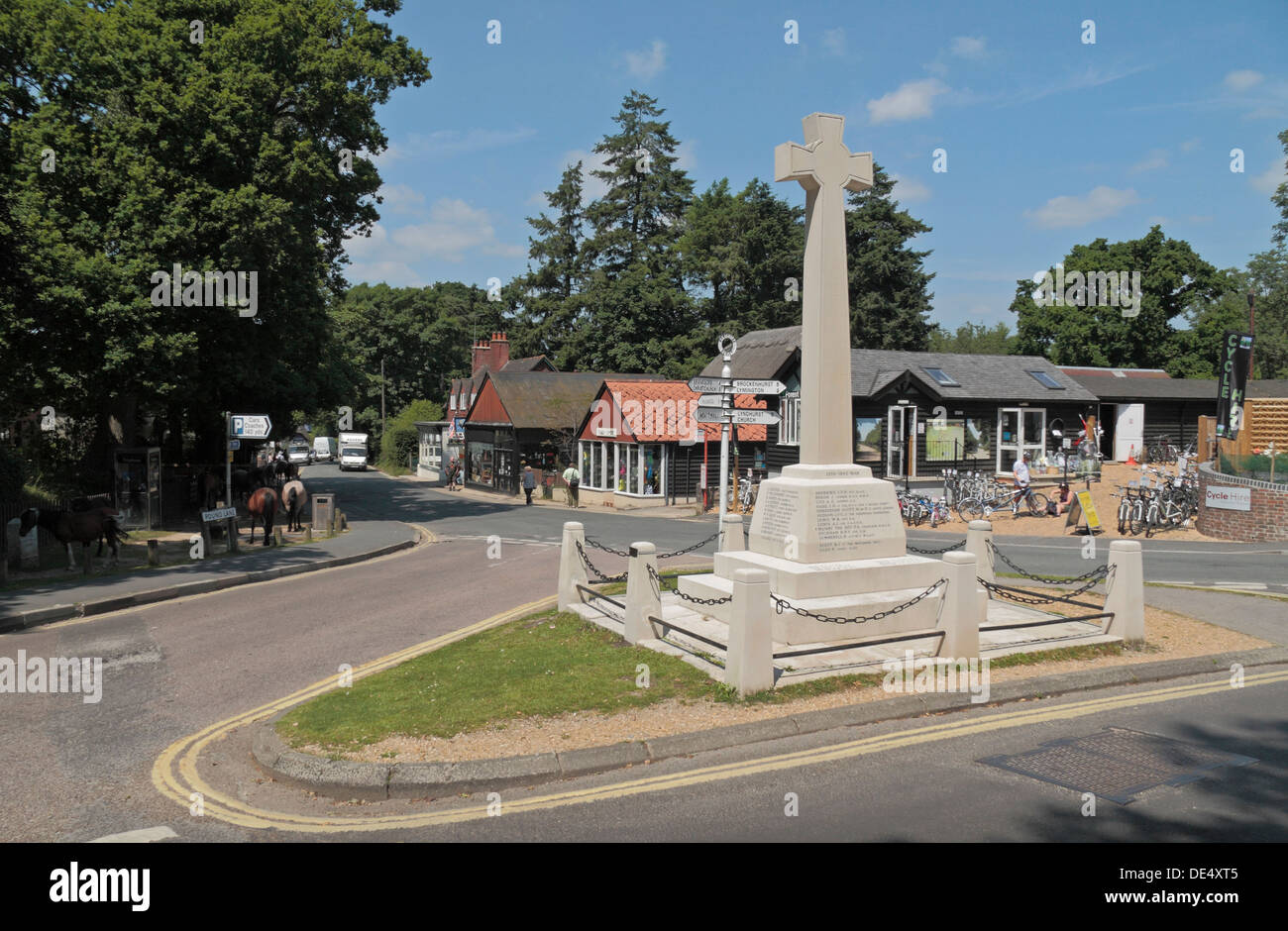 The Market Cross, looking down Ringwood Road in the village centre of Burley, New Forest, Hampshire, UK. Stock Photo