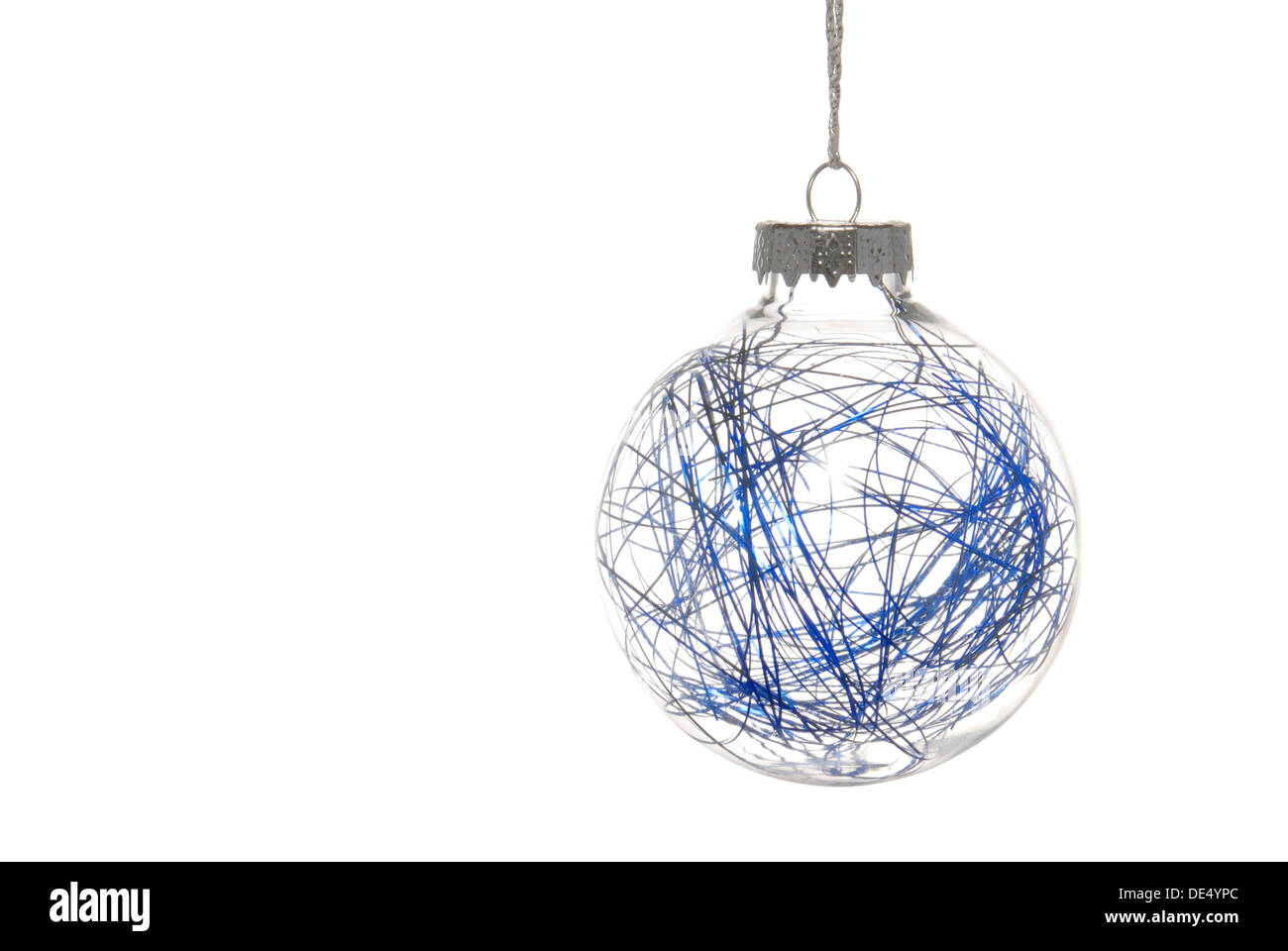 Transparent Christmas bauble with blue threads Stock Photo