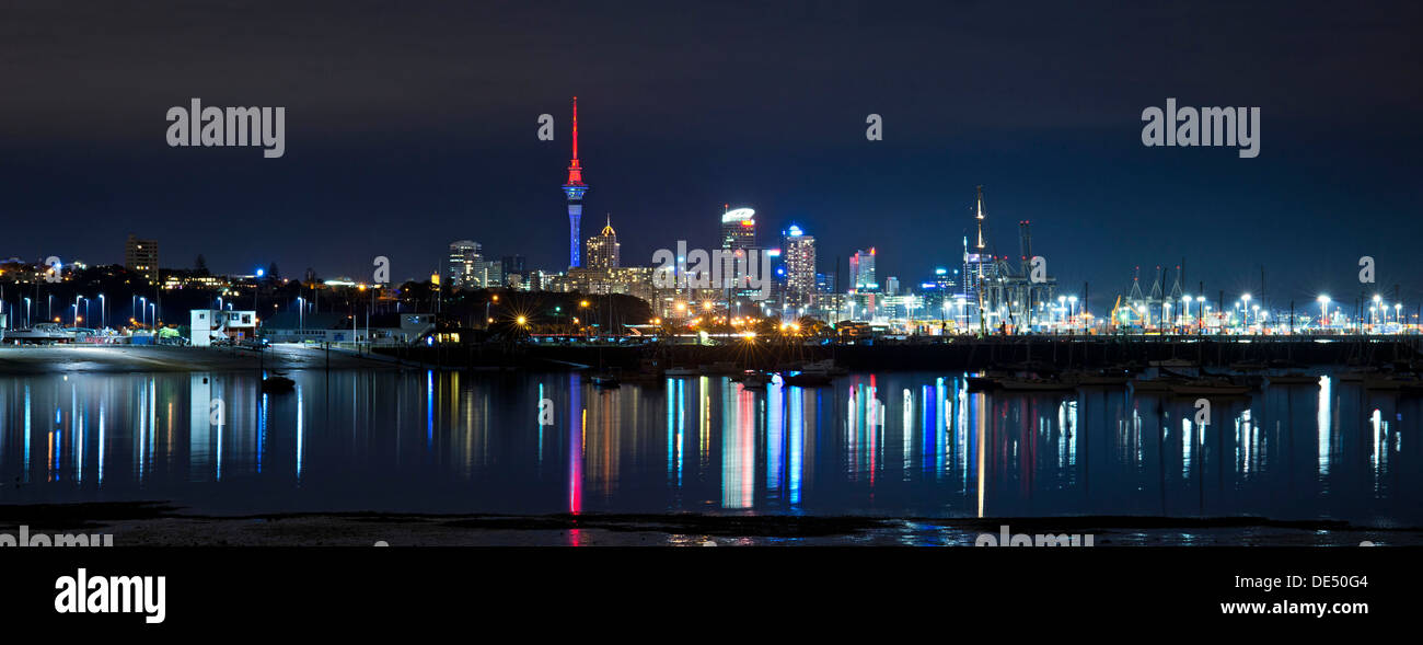 Auckland Central Business District or Auckland CBD from Okahu Bay, at night, Okahu Bay, Auckland, Auckland Region, New Zealand Stock Photo