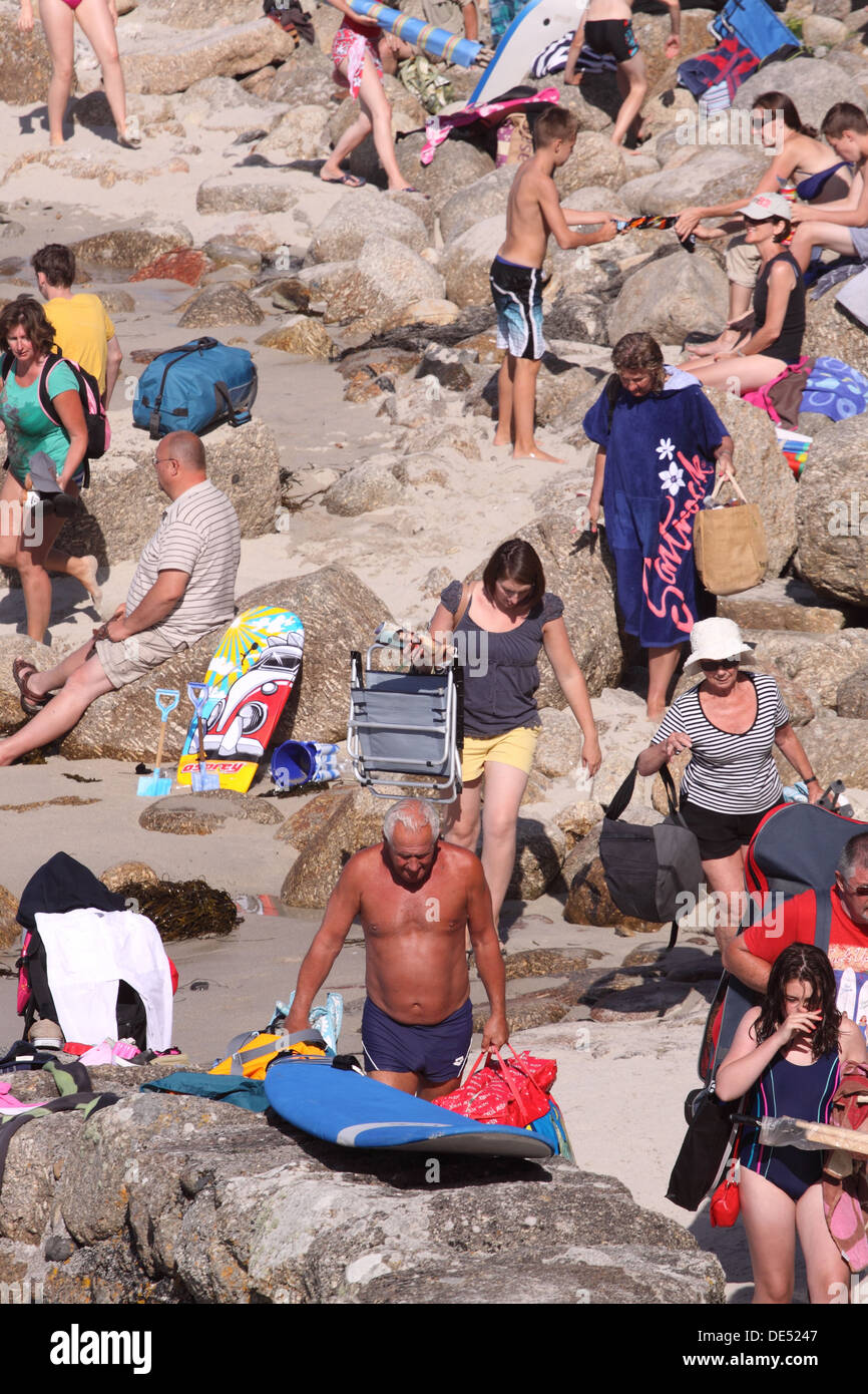 Sennen Cove beach Cornwall busy with holidaymakers in Summer August 2013 Stock Photo