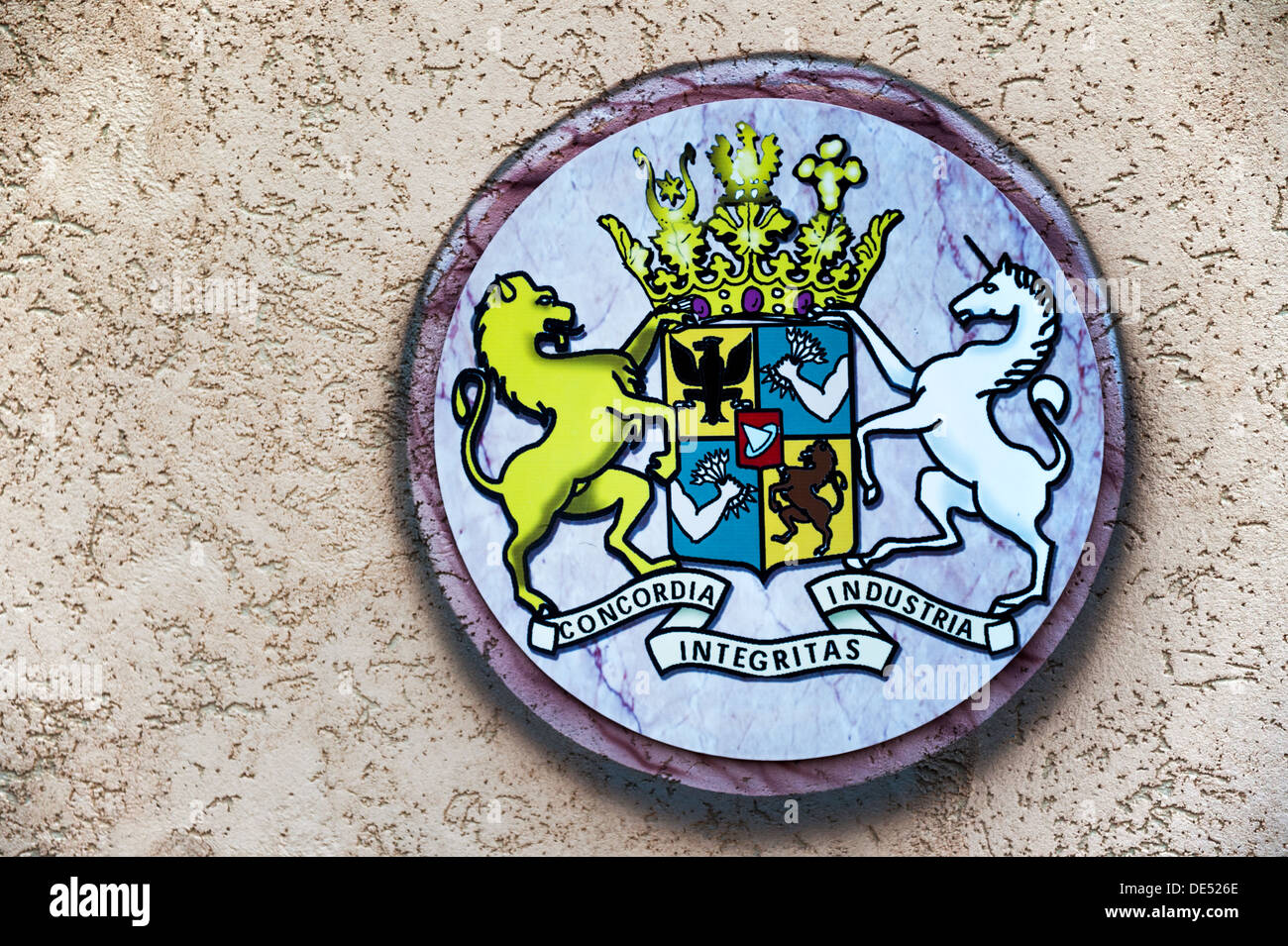 Rothschild family crest, as depicted on the exterior wall of the Baron Garden in Mazkeret Batya, Israel Stock Photo