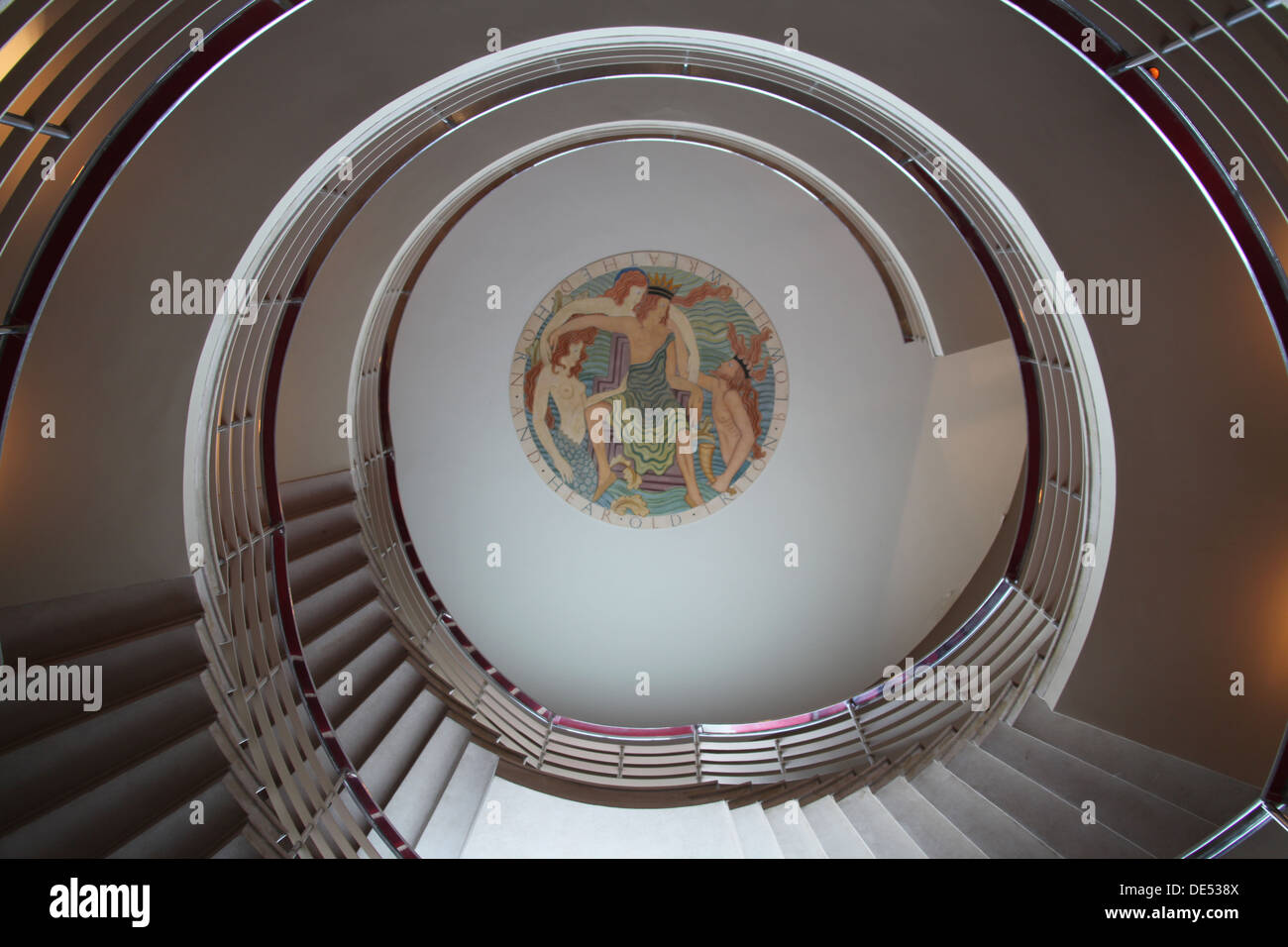Staircase of the Midland Hotel in Morecambe showing the Neptune and Triton Medallion by Eric Gill Stock Photo