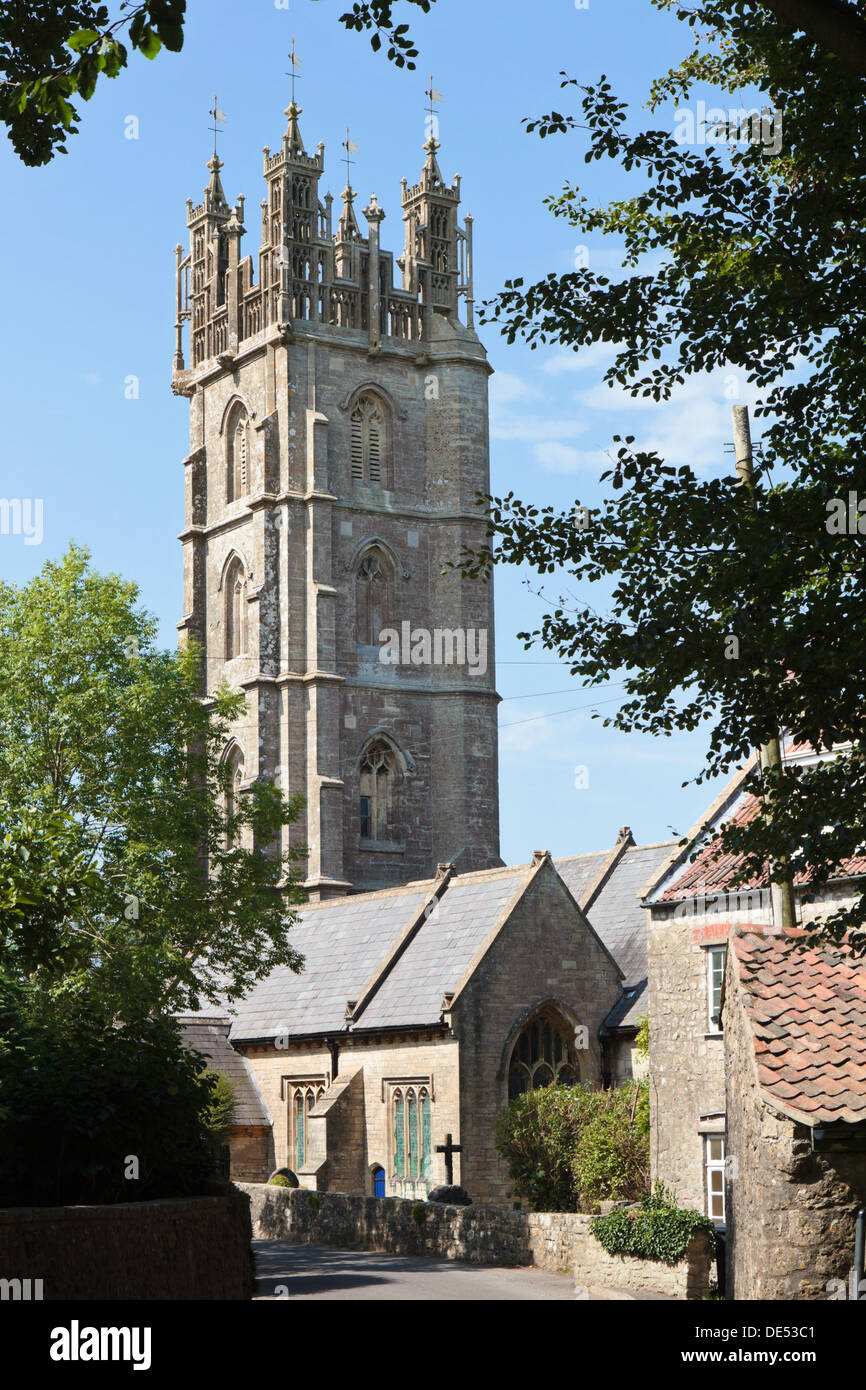 Medieval Church of St Michael the Archangel at Dundry, Somerset, near Bristol, with large decorative pinnacled tower. Stock Photo